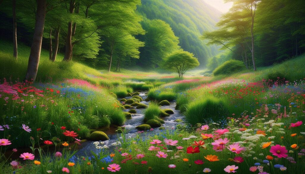 lush meadow with wildflowers and gentle river flowing through