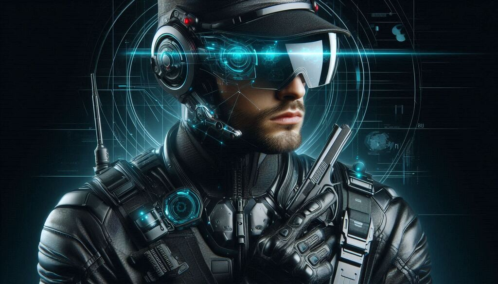 futuristic detective with sleek visor and holographic gadgets