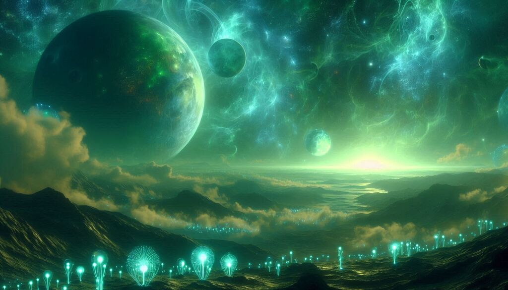 alien planet with bioluminescent flora and glowing green sky