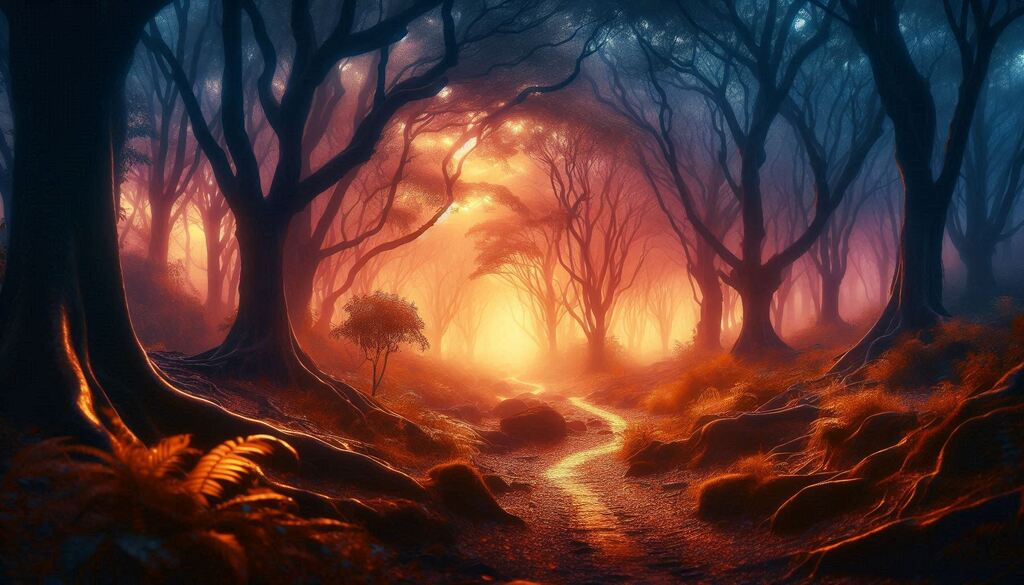 magical forest at dawn with glowing trees and misty paths