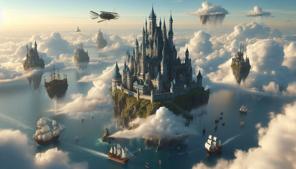 castle floating on island in clouds with flying ships