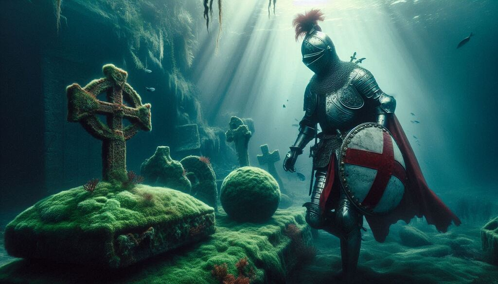 medieval knight in armor exploring moss-covered undersea grave