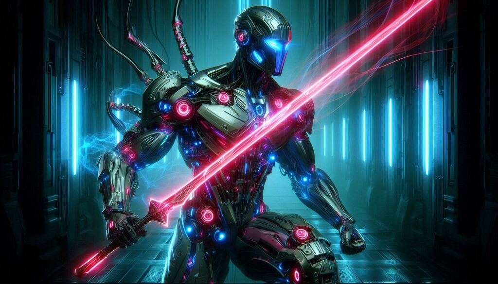 warrior with cybernetic limbs and neon armor wielding plasma sword