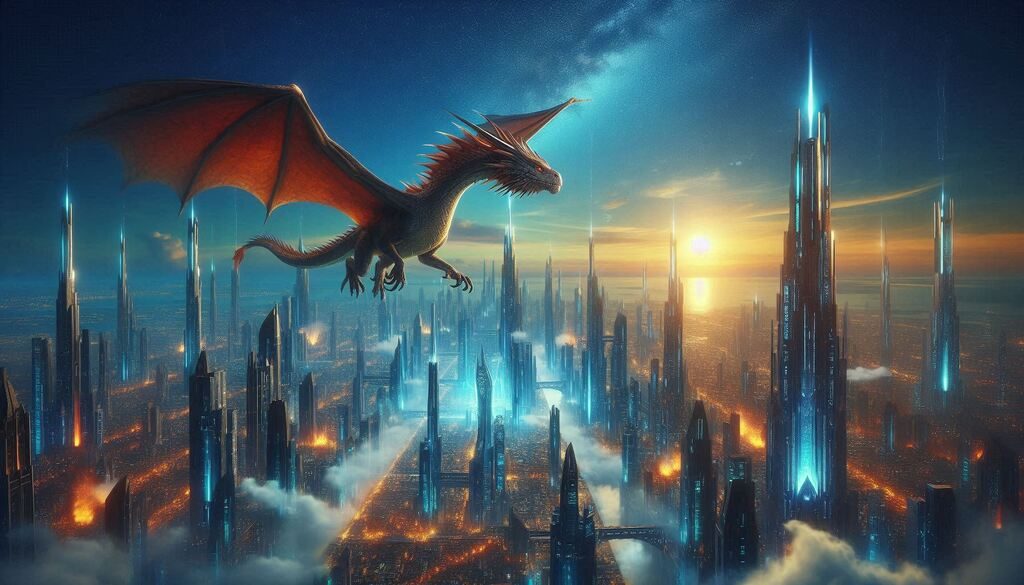 dragon flying over futuristic city with glowing towers