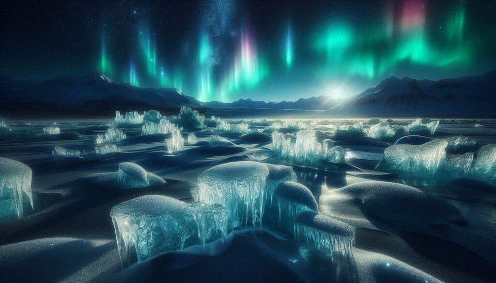 frozen tundra with shimmering ice and northern lights display