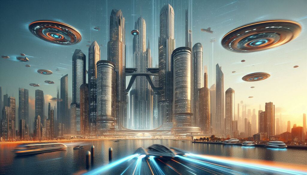 futuristic cityscape with towering skyscrapers and flying cars