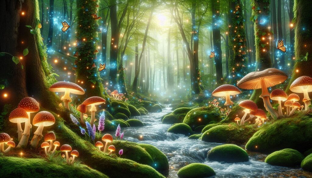 enchanted forest with glowing mushrooms and sparkling river