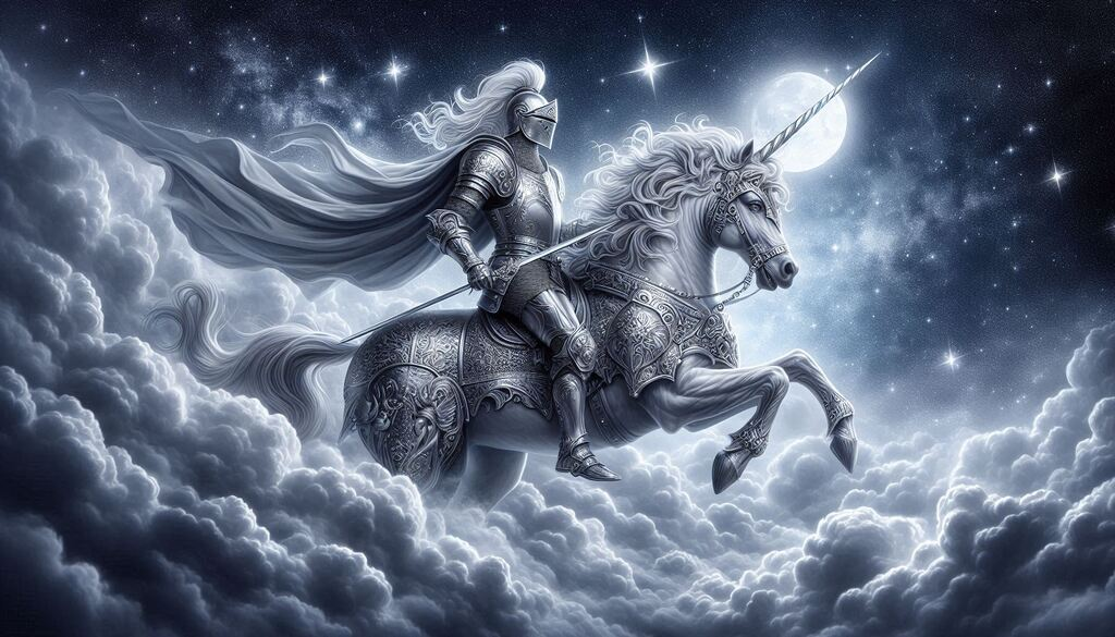 knight in silver armor riding unicorn under starry sky