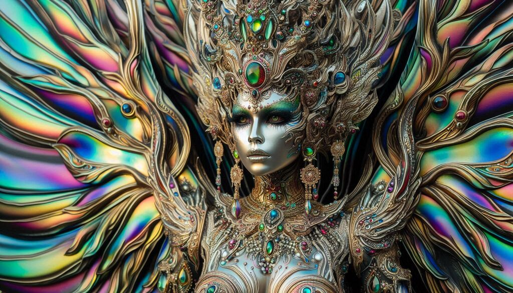 alien queen with iridescent skin and elaborate flowing robes