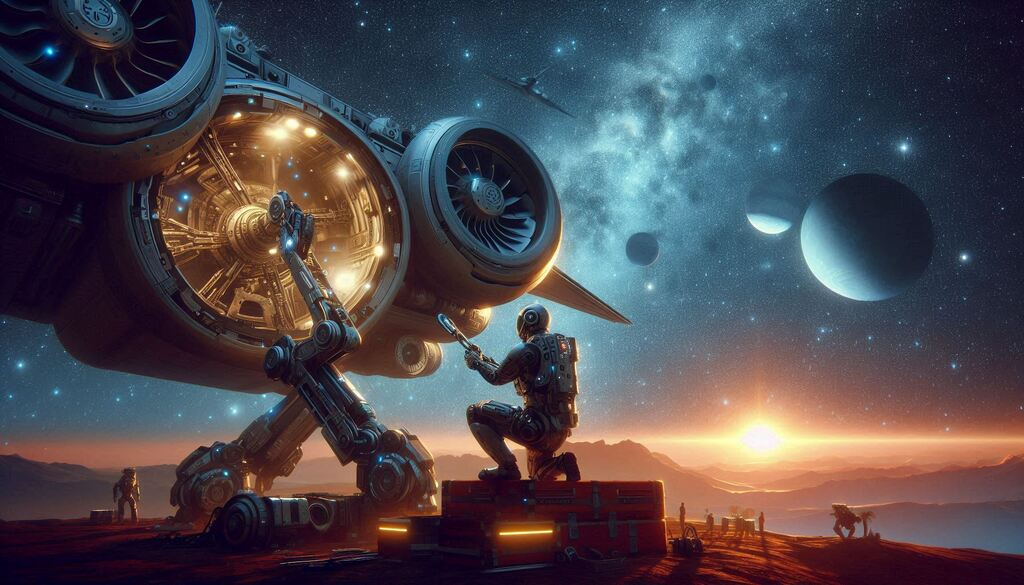 robot repairing spaceship under stars with distant planets visible