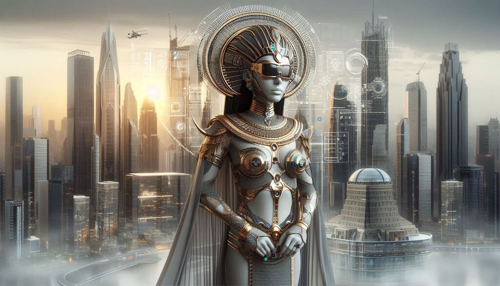 egyptian queen in futuristic attire standing before modern cityscape