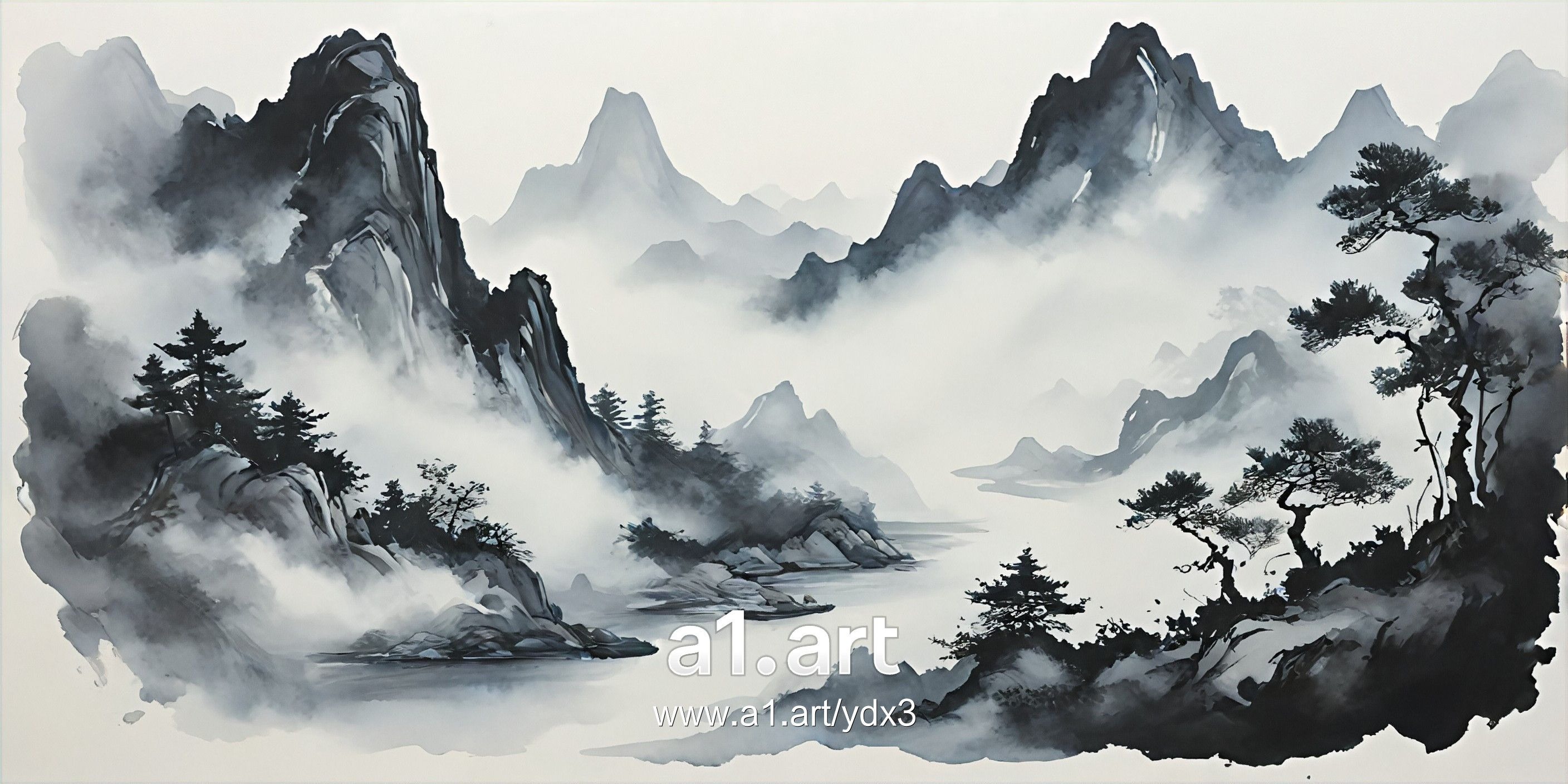 high mountains and flowing water in ink painting style