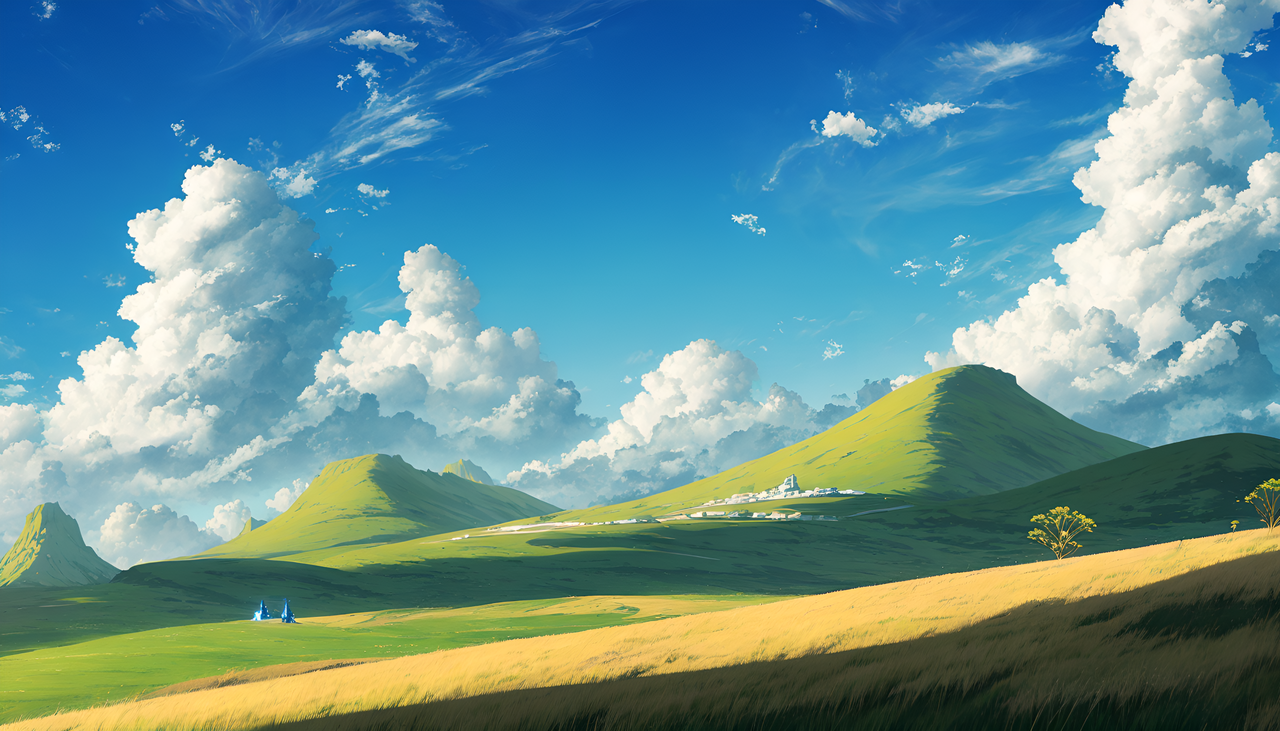 ghibli style blue sky, white clouds, green grassy slopes