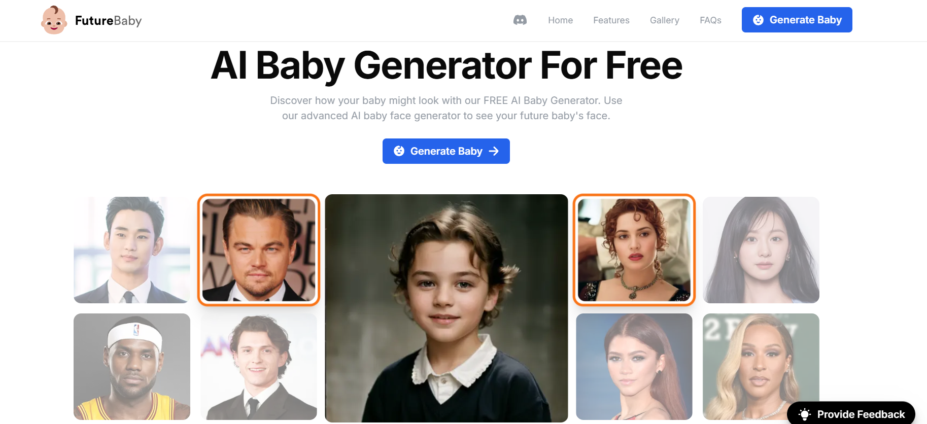 Die offizielle Website von Future Baby mit der Bildunterschrift "AI baby generator for free" und Fotos von 8 Prominenten