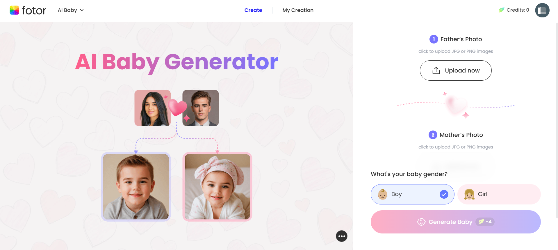 Die Betriebssystem-Webseite von Fotors AI Baby Generator