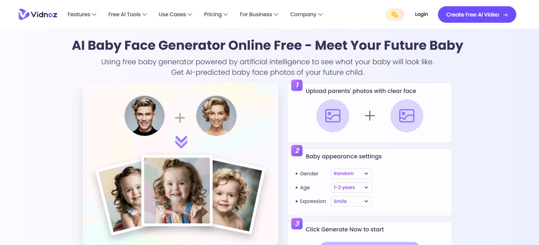 Die offizielle Website von Vidnoz mit der Bildunterschrift "AI baby face generator online free - meet your future baby