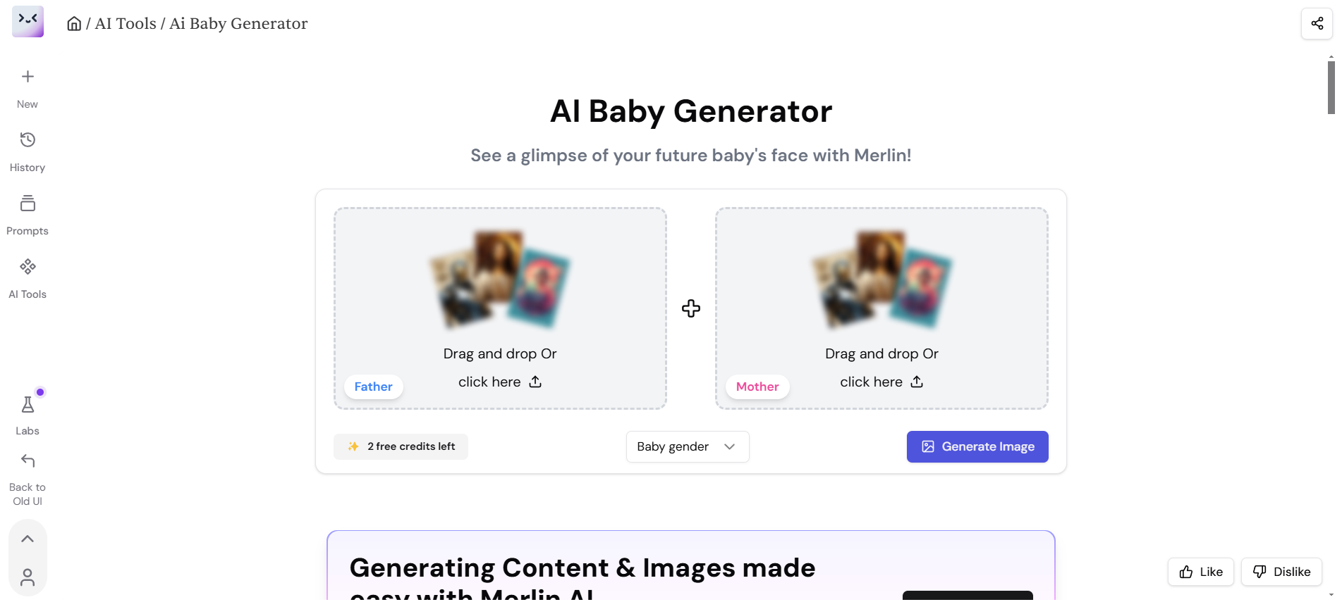 Die Betriebssystem-Webseite von AI Baby Generator von Merlin AI