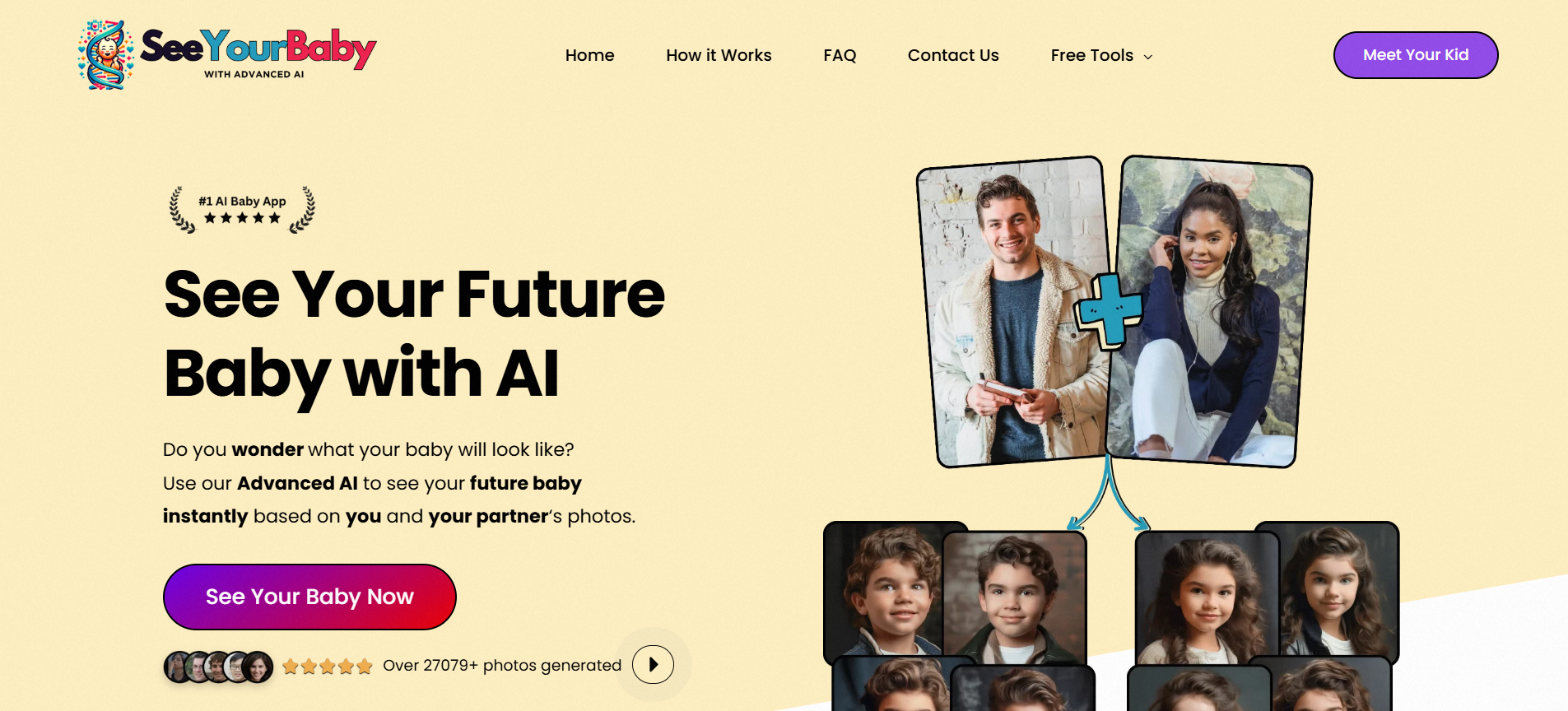 Die offizielle Website von SeeYourBaby mit der Bildunterschrift "see your future baby with AI