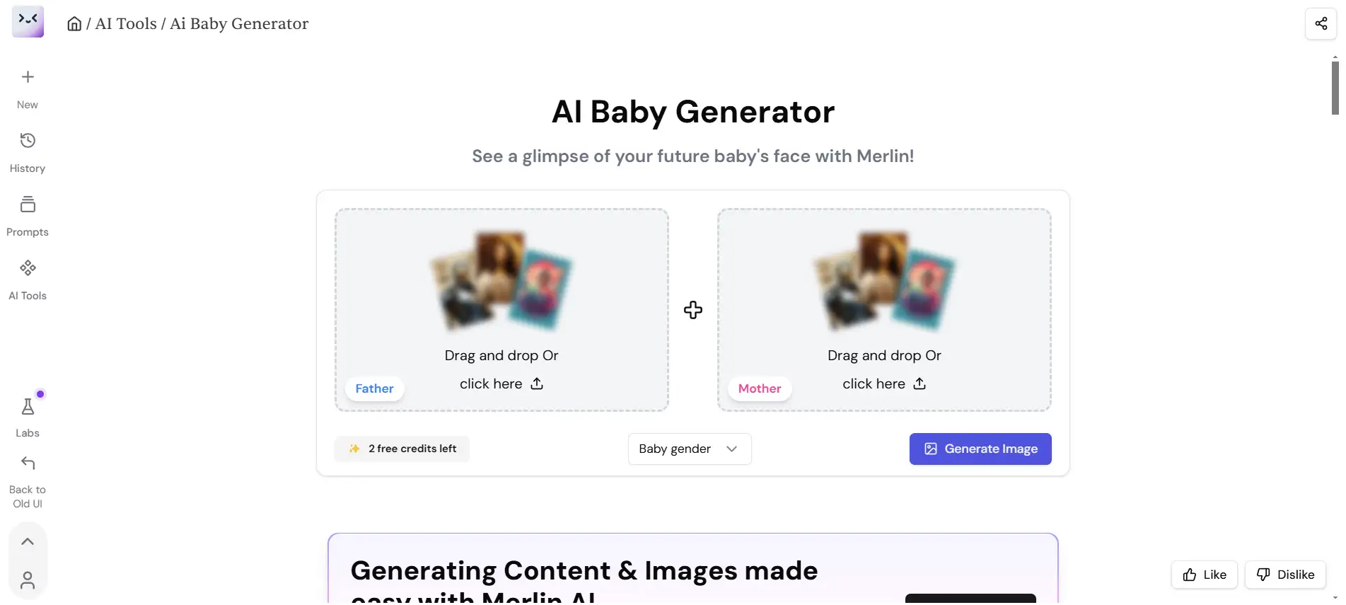 La página web operativa del generador de bebés de IA de Merlin AI La página web operativa del generador de bebés de IA de Merlin AI