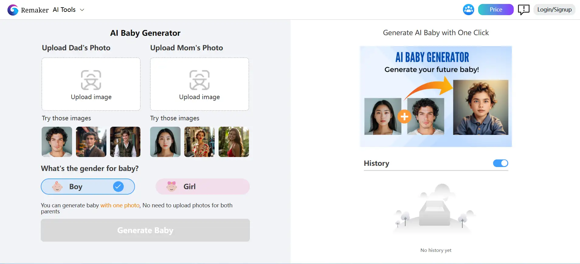 La página web operativa del generador de bebés de IA de Remaker AI La página web operativa del generador de bebés de IA de Remaker AI