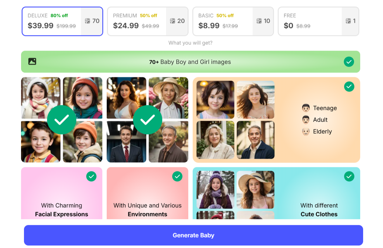 La página web de pago de un generador de bebés de IA con 4 opciones