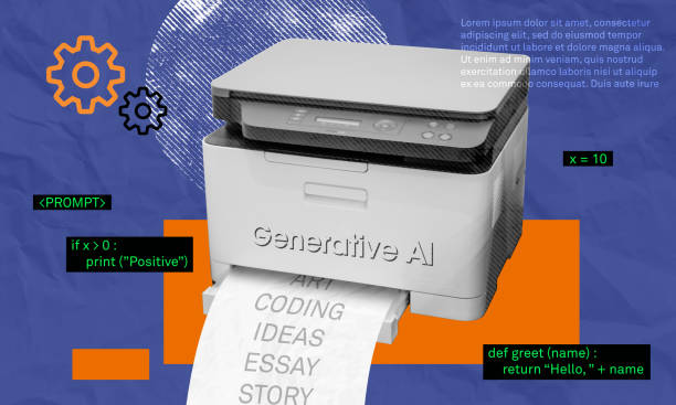 illustration of printer labeled generative ai producing coding ideas