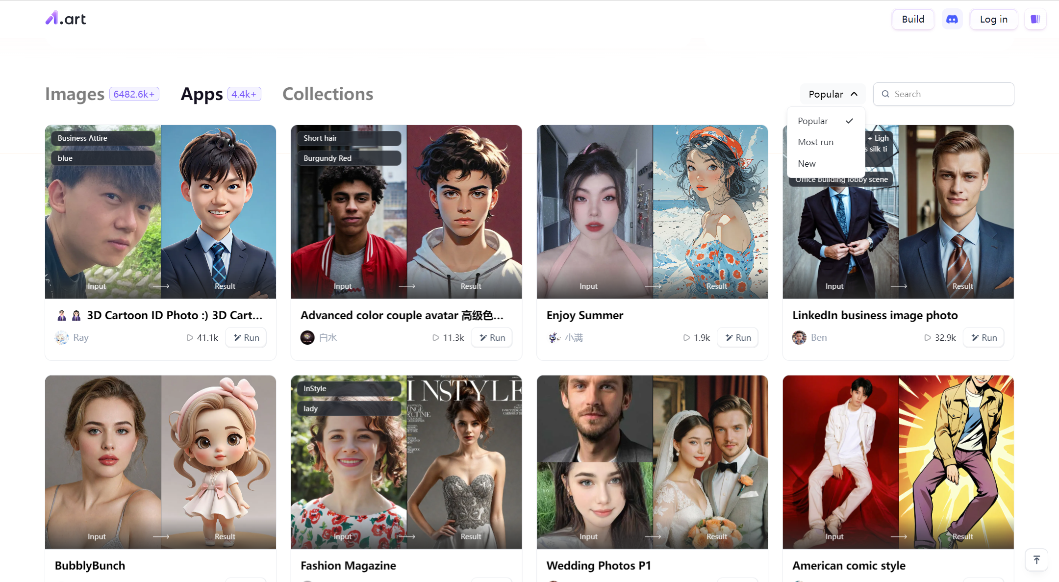 a1.art homepage offering image transformation apps like cartoonish avatars