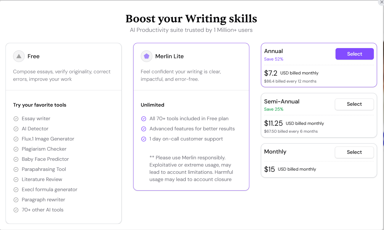 Un piano premium a più livelli di Merlin AI con la didascalia "migliora le tue capacità di scrittura"