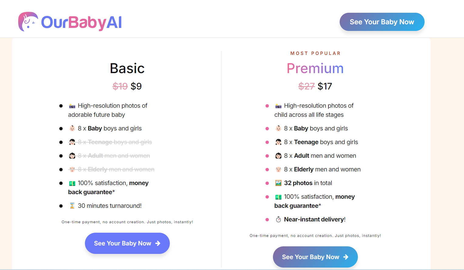 O plano básico e premium de OurBabyAI