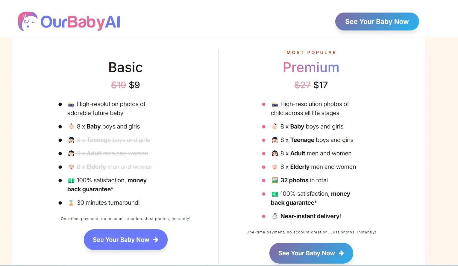 O plano básico e premium de OurBabyAI O plano básico e premium de OurBabyAI