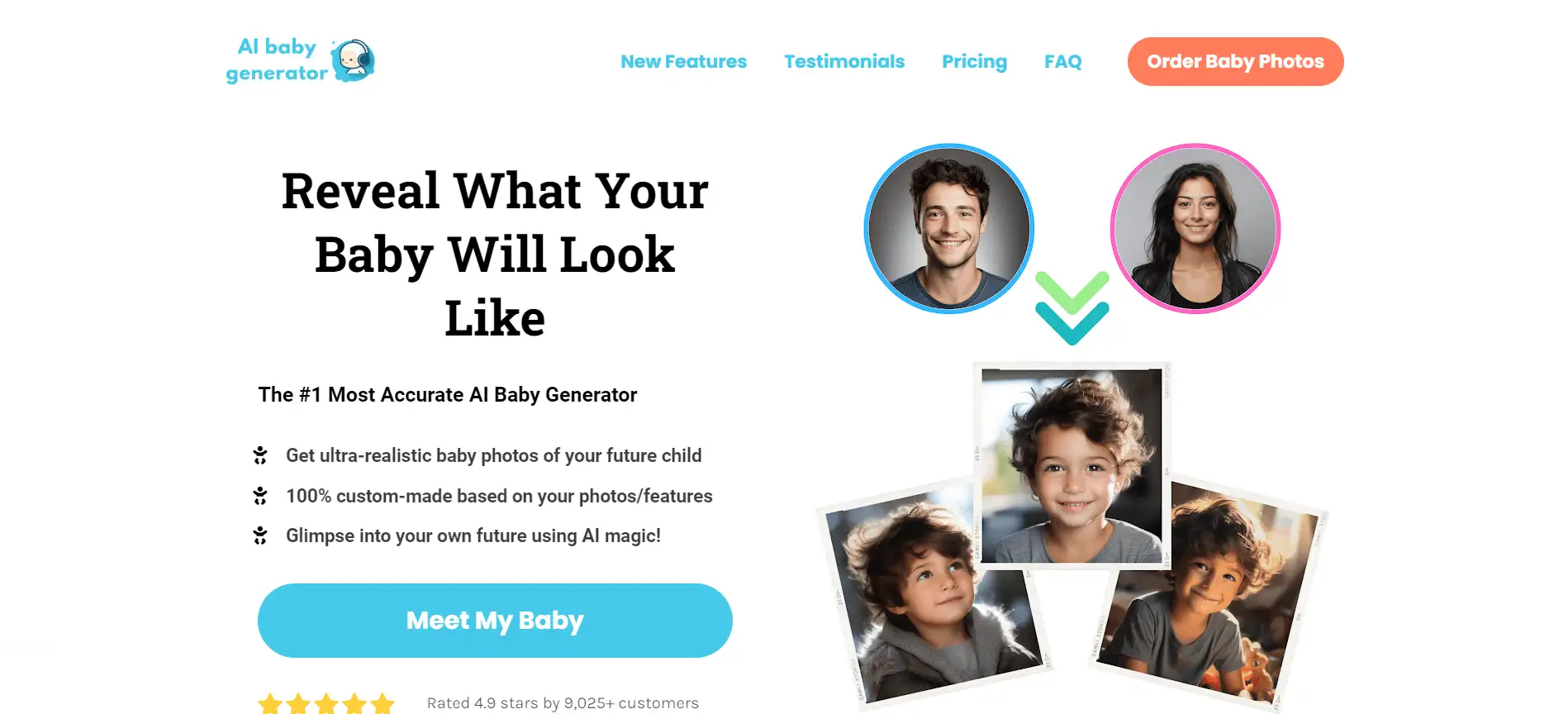 O site oficial do IA gerador de bebês com a legenda "Revele como seu bebê será" e três caras fofas de bebê futuro gerador de bebê