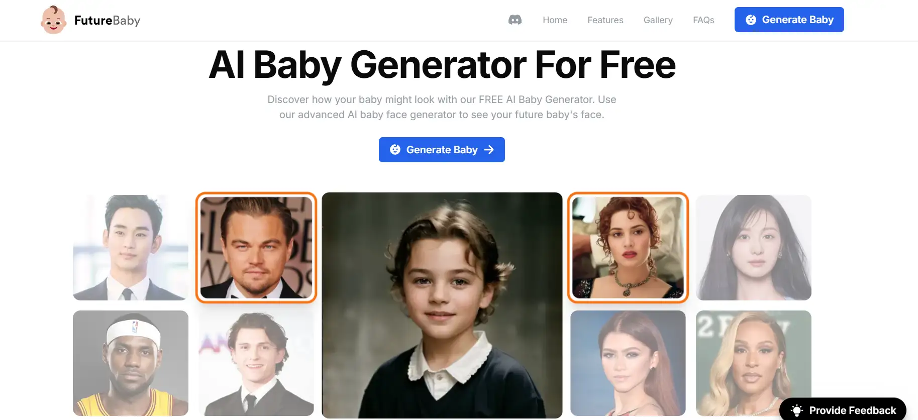 O site oficial do Future Baby com a legenda "IA gerador de bebê de graça" e fotos de 8 celebridades O site oficial do Future Baby com a legenda "IA gerador de bebê de graça" e fotos de 8 celebridades