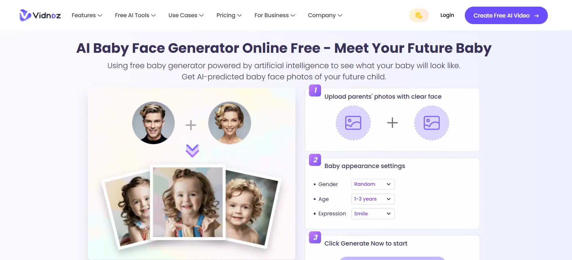 O site oficial da Vidnoz com a legenda "IA gerador de rosto de bebê online grátis - conheça seu futuro bebê O site oficial da Vidnoz com a legenda "IA gerador de rosto de bebê online grátis - conheça seu futuro bebê