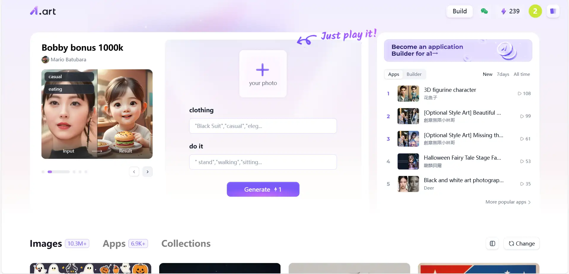 O site oficial de a1.art com um aplicativo que transforma seu rosto atual em um rosto de bebê IA gerador de bebê