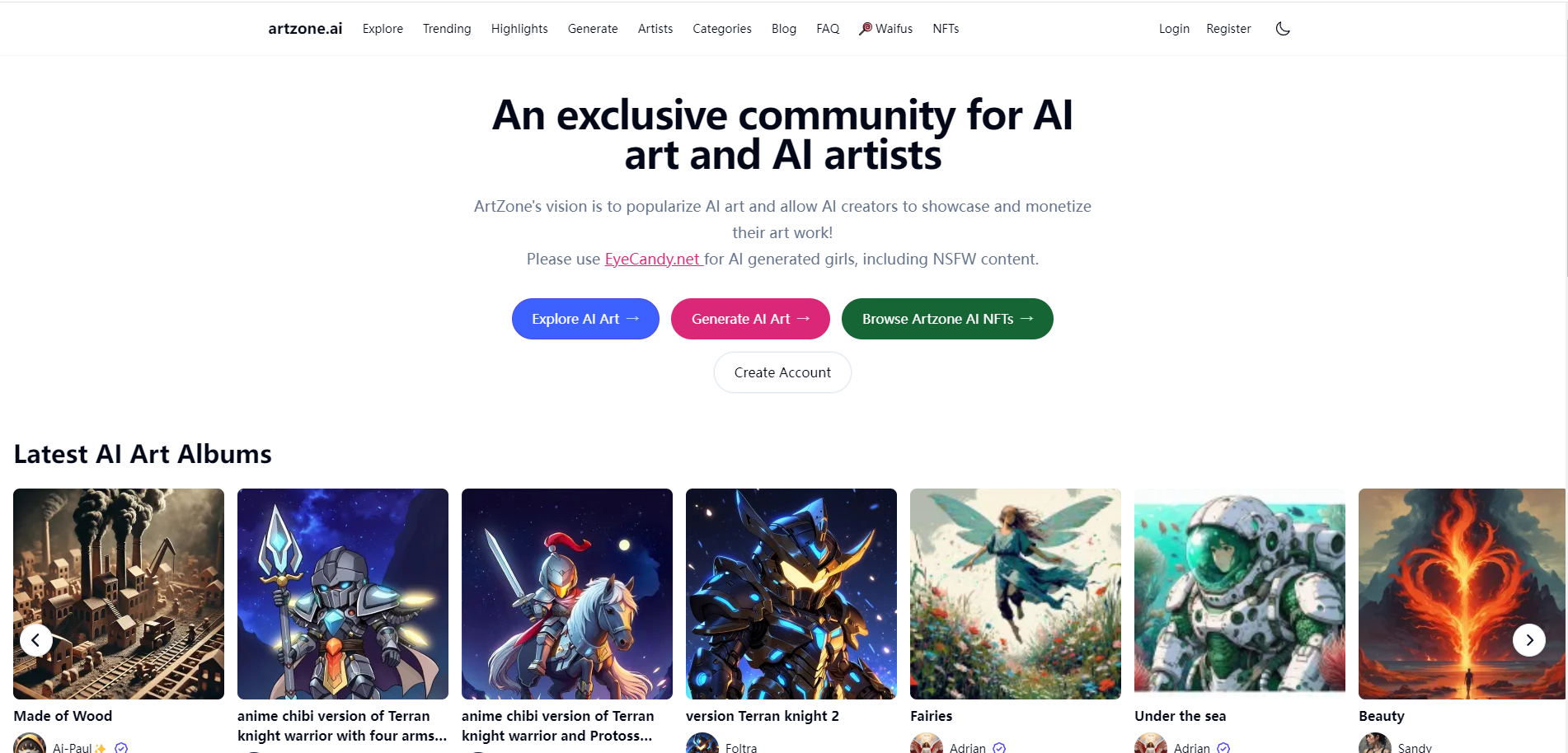 Artzone.ai homepage showing the latest AI Art Albums