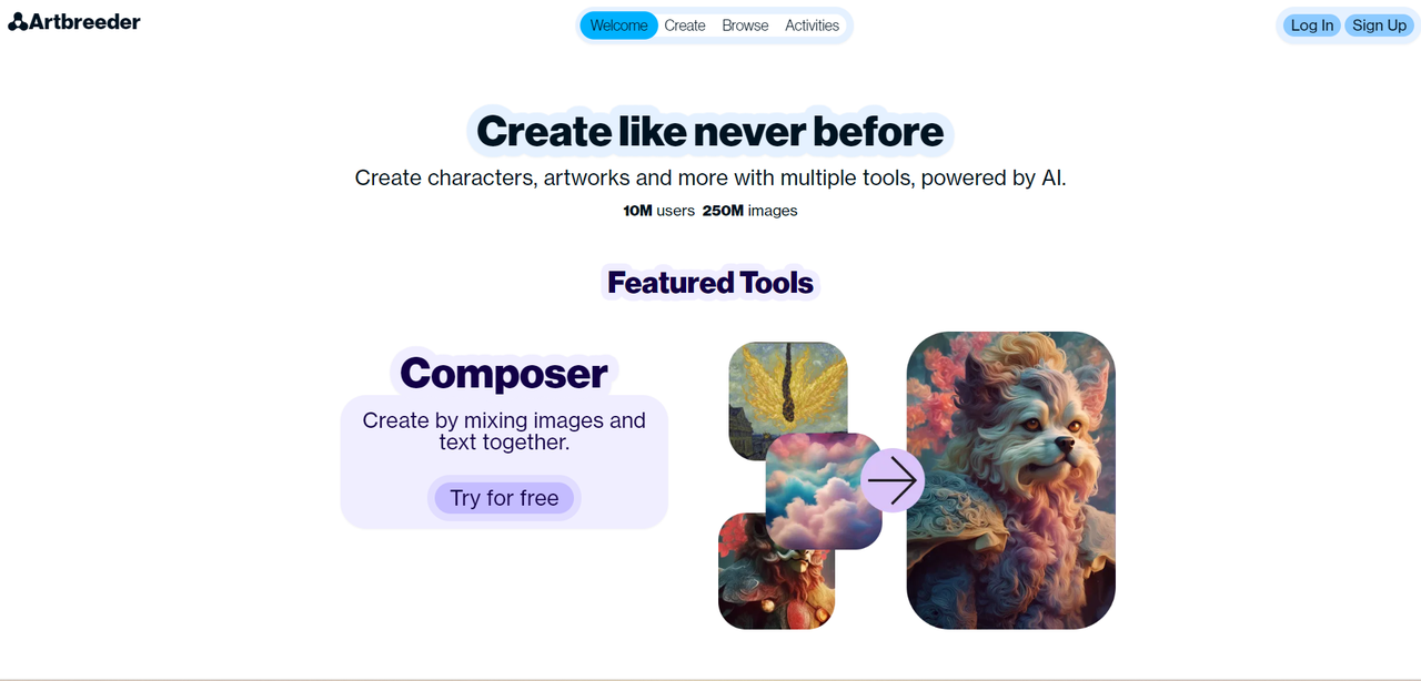 Artbreeder homepage showing the three different styles blend with togerther