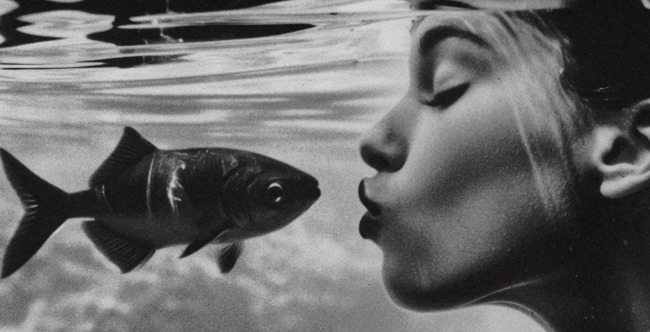 girl and fish, kiss, underwater