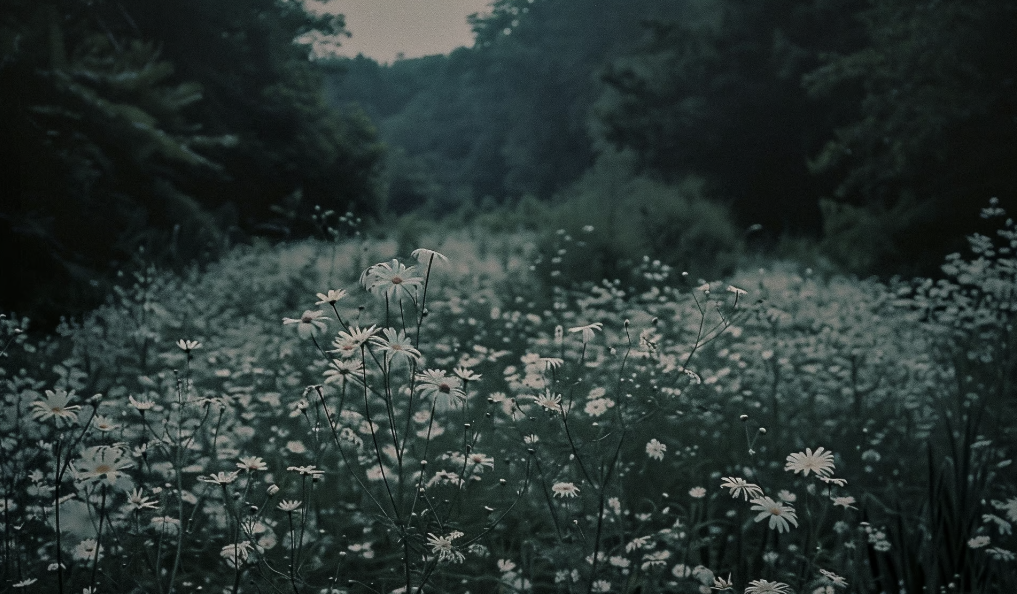 small white flowers in forest with vantage film style