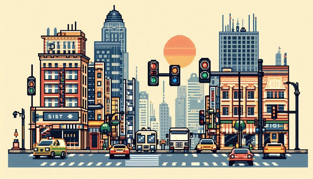 pixel art cityscape with retro buildings, cars, and traffic lights