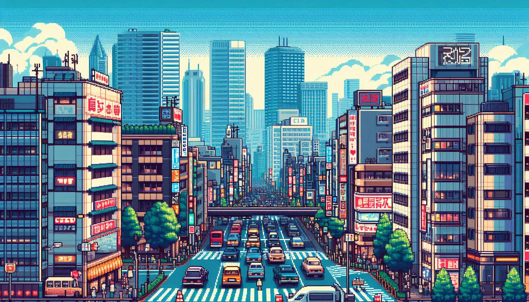 pixel art city street with high-rises and heavy traffic