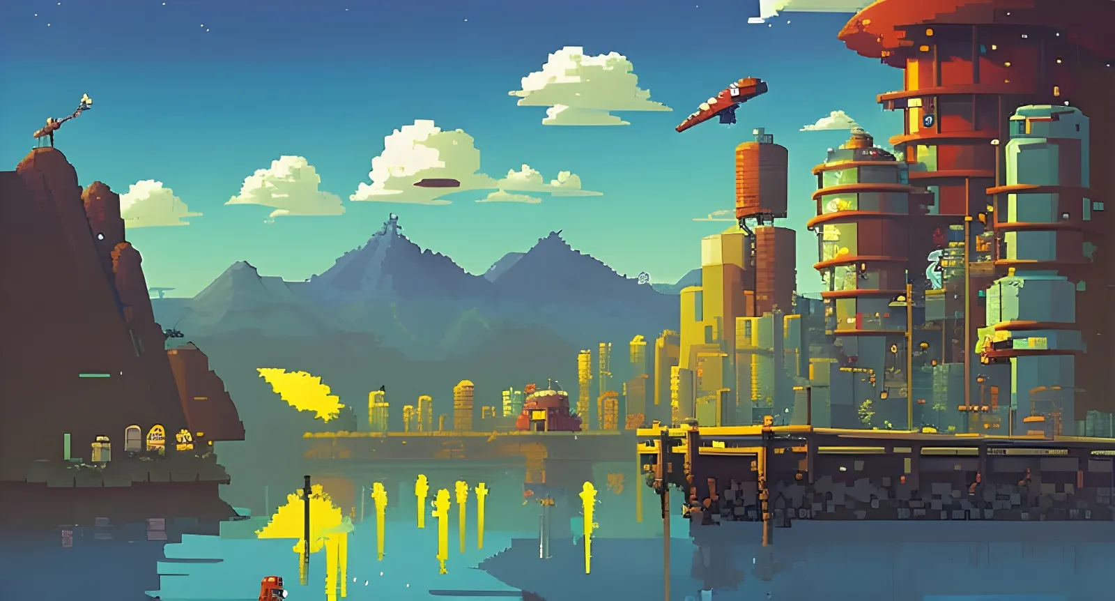 stylized futuristic cityscape with high-rises airships and reflective water