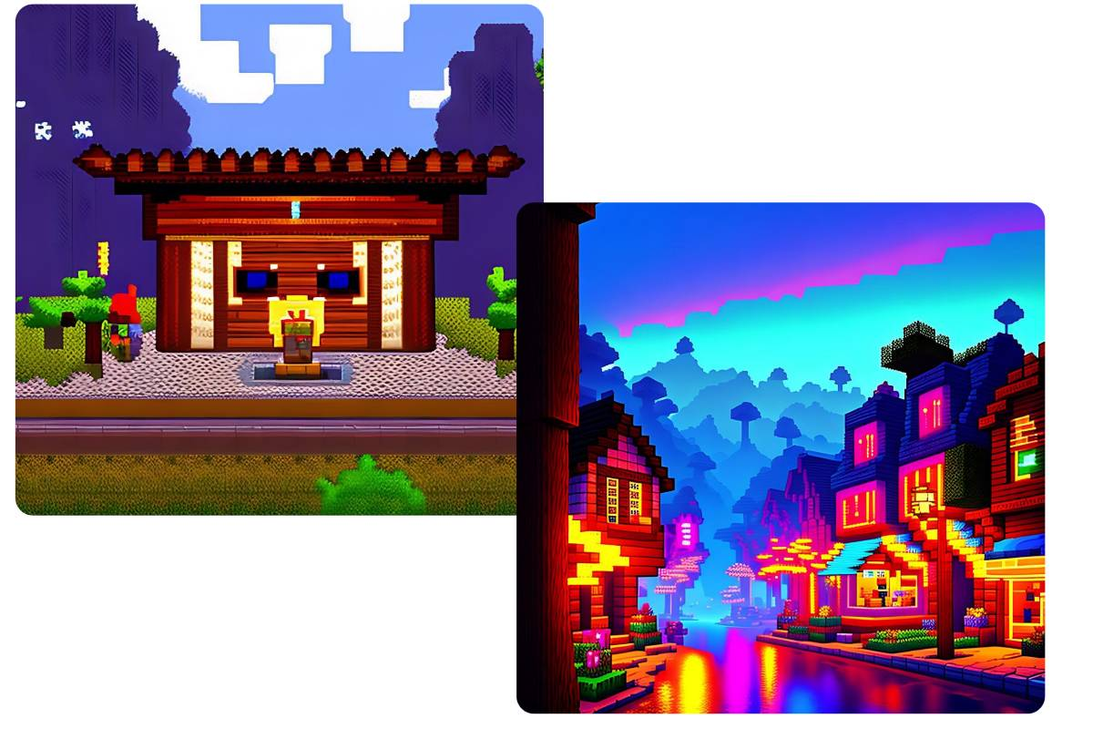 pixel art of tranquil oriental village with colorful houses