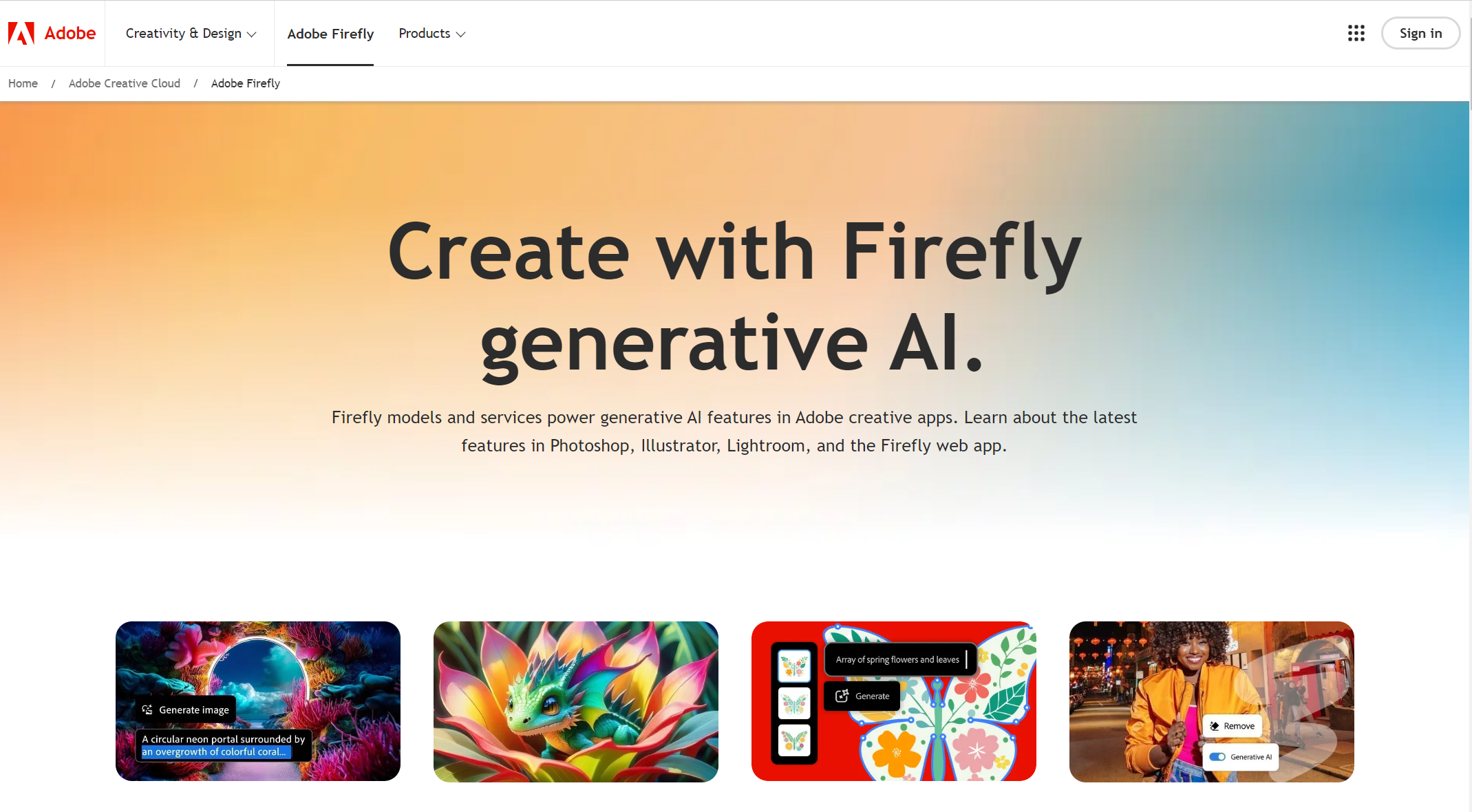 adobe firefly webpage with colorful artwork samples and menu