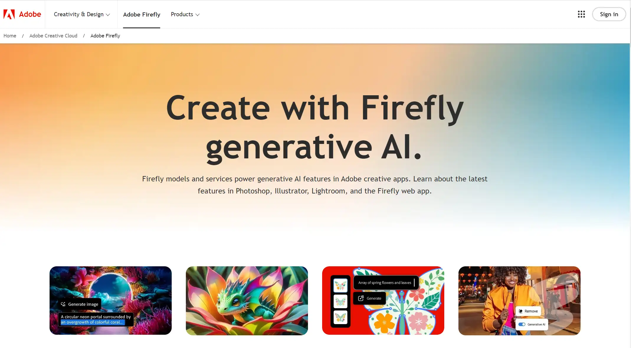 adobe firefly webpage with colorful artwork samples and menu adobe firefly webpage with colorful artwork samples and menu